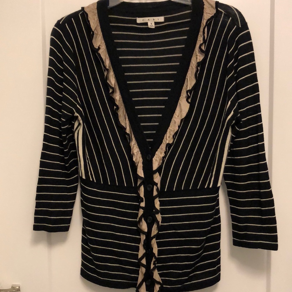 CAbi. Lovely 100% Cotton Striped Sweater. Women’s Small. Lace ruffle accent.